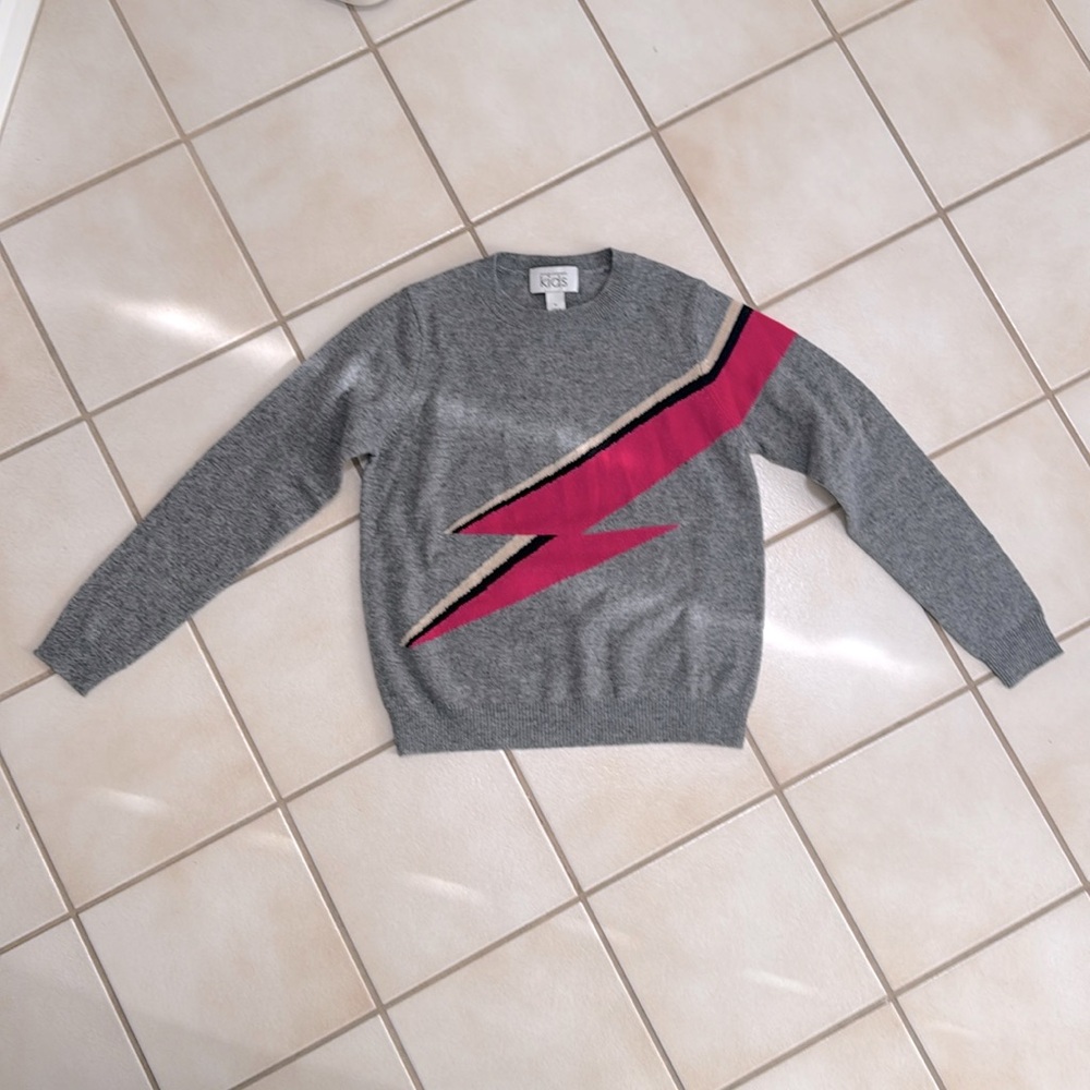 NWT Autumn Cashmere Kids Girls Gray Sweater Pink Bolt Crew Jacquard Size 10